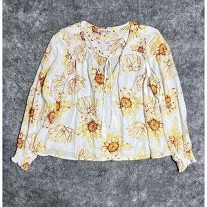 Harlow & Rose Sunflower Peasant Shirt Women’s Large White Floral Smocked Rayon